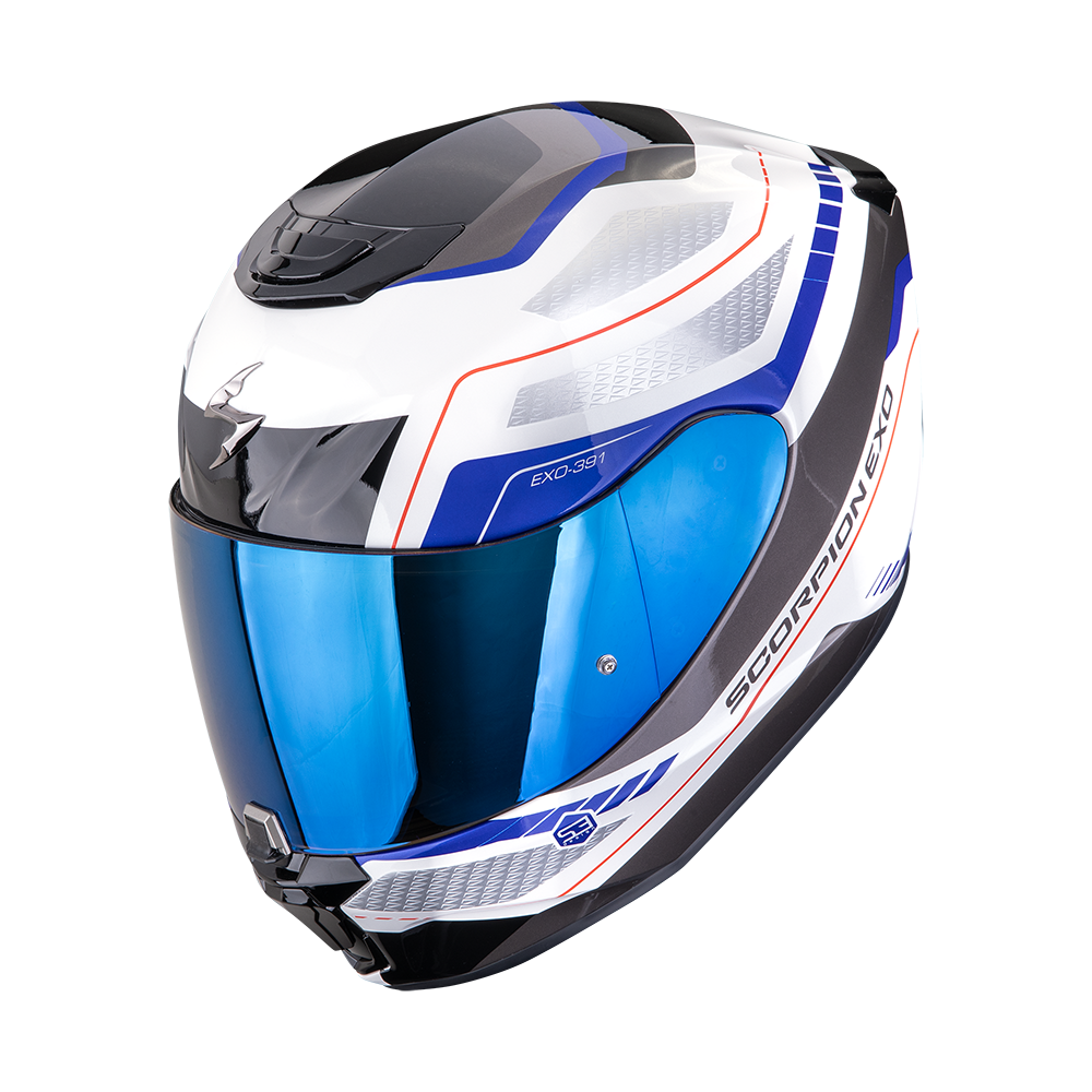 Scorpion 391 Leo blanco azul Casco