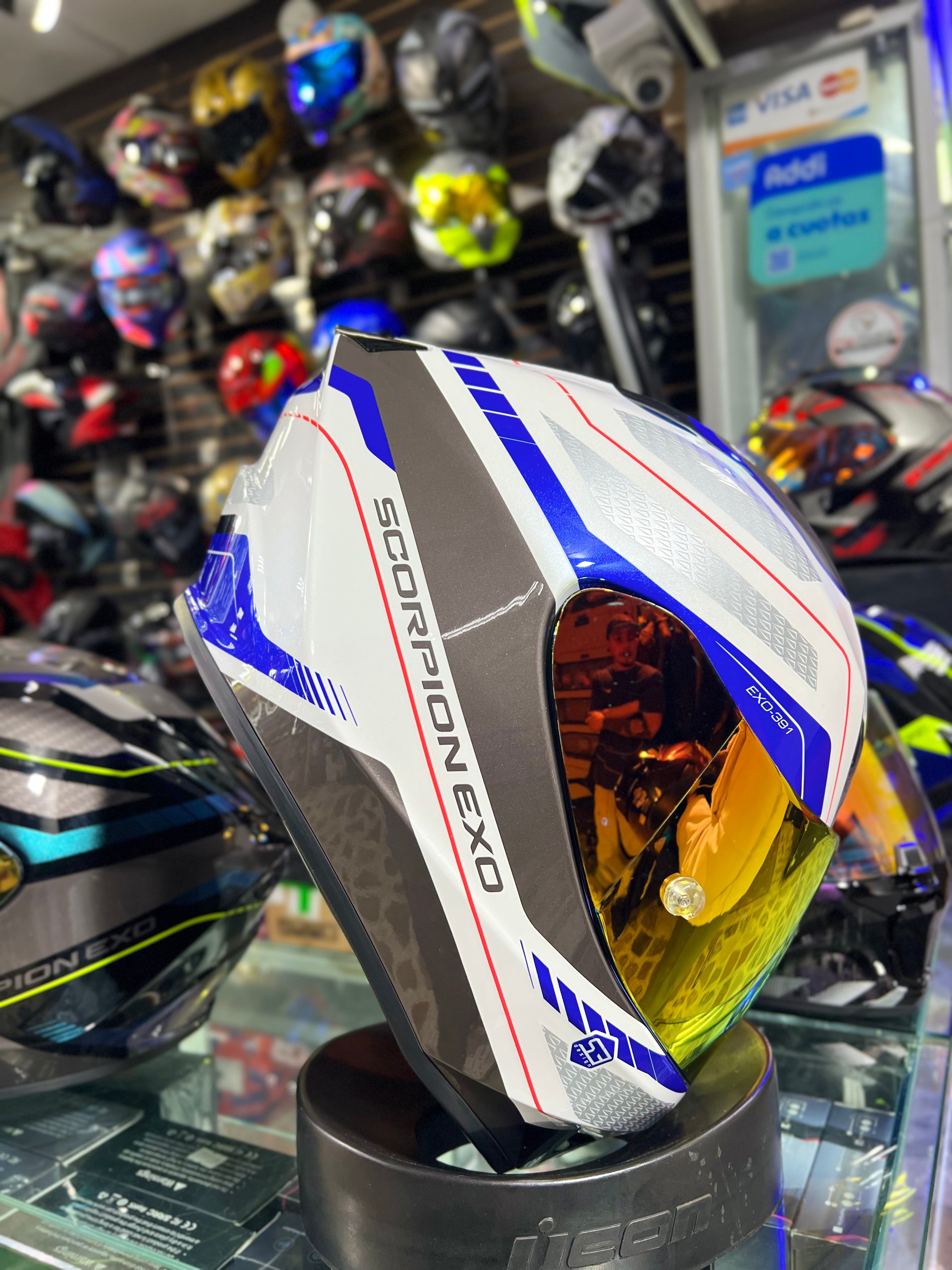 Scorpion 391 Leo blanco azul Casco